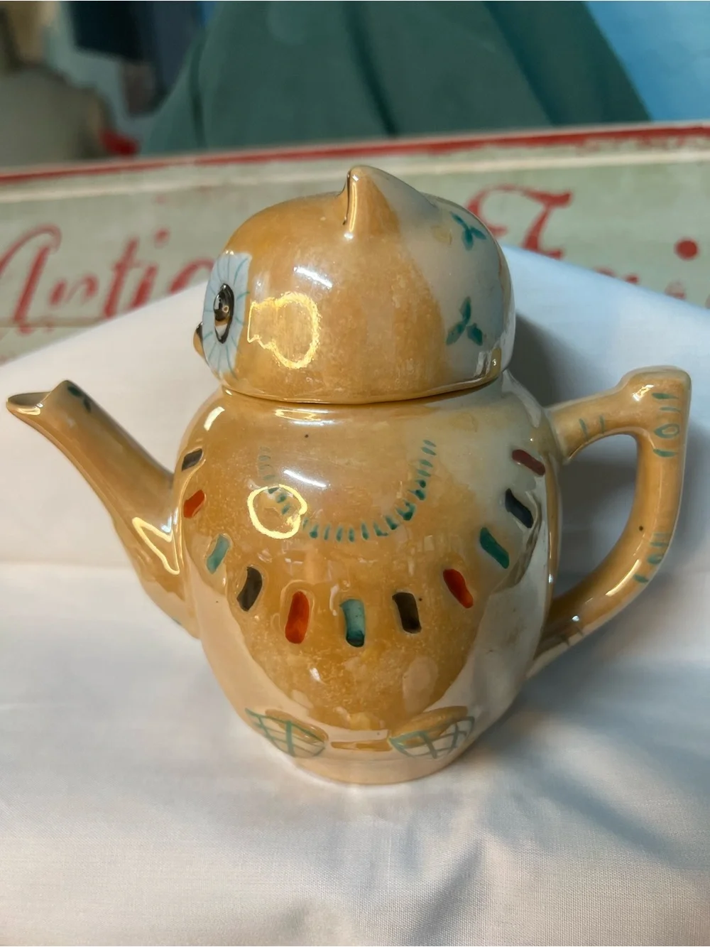 Kitschy Orange Lustreware Owl Teapot